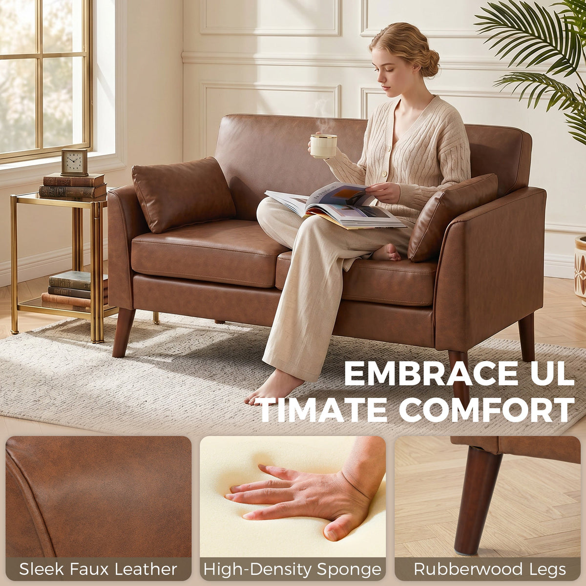 The brown two seater sofa with a woman sitting on it and close-ups of leather, foam and wooden legs