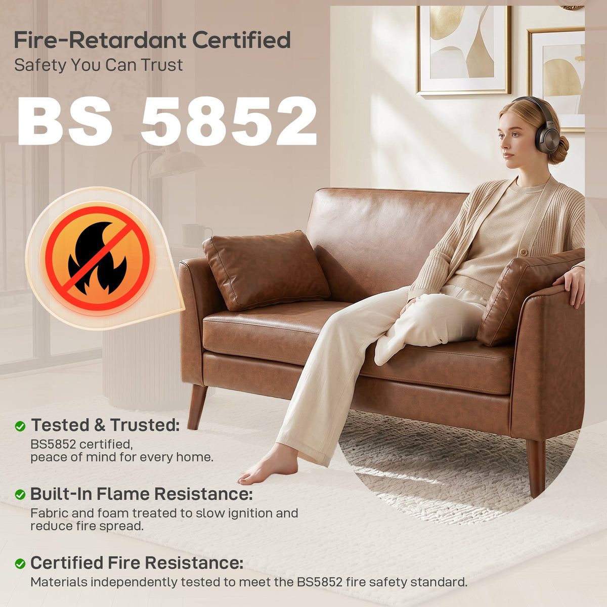 The brown two seater sofa with a woman sitting on it and text about fire safety certification