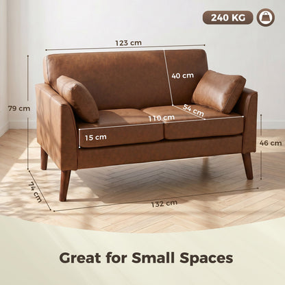 The brown two seater sofa showing various dimensions with arrows and text labels for small spaces