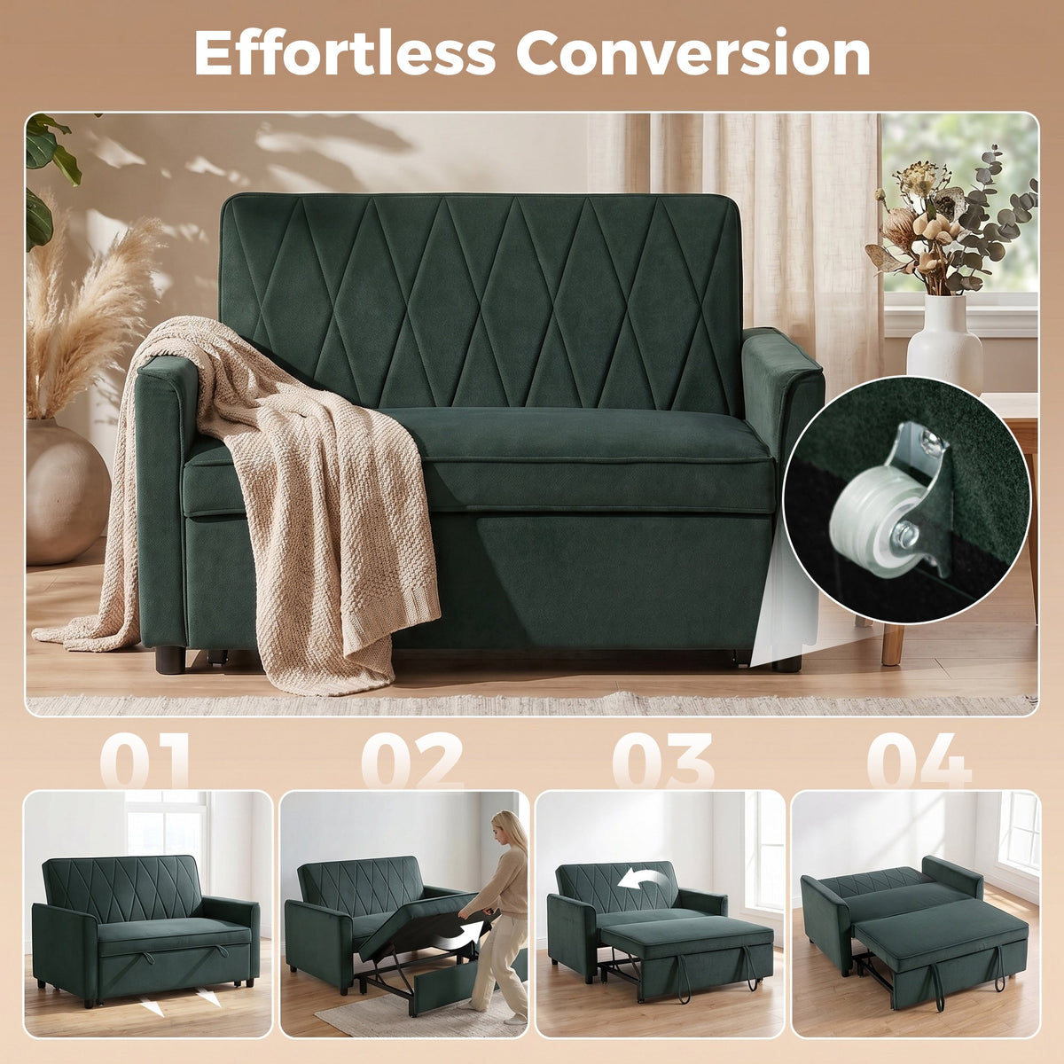 The sleeper sofa showing the conversion steps and a close up of a wheel