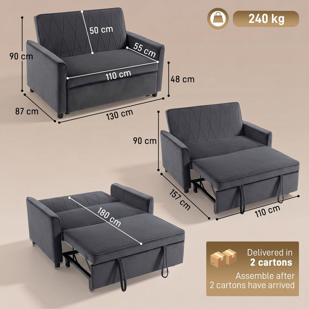 Dimensions diagram for the dark grey 2 seater sofa bed in sofa and bed modes