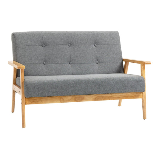 HOMCOM 2 Seater Sofa in dark grey linen fabric with button tufting and light wood arms