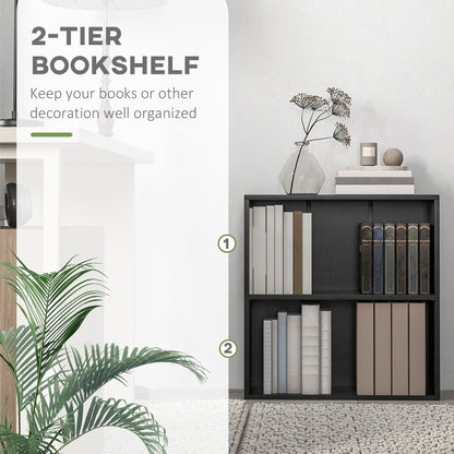 The two tier bookcase filled with books and decorative items in a bright living room space