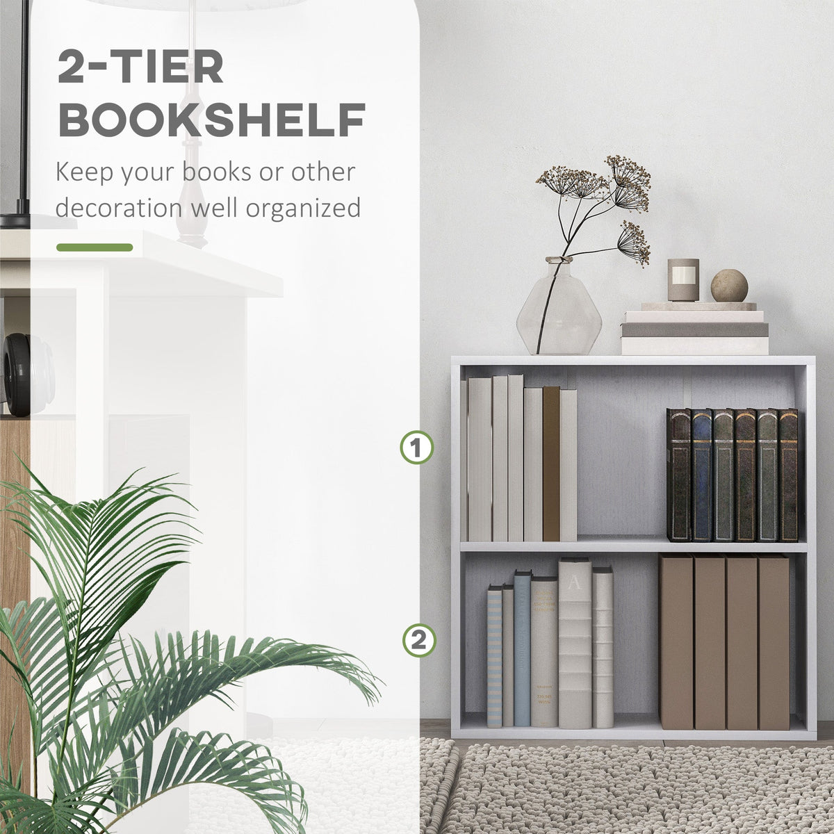 The white low bookcase filled with books and ornaments placed on a rug in a room