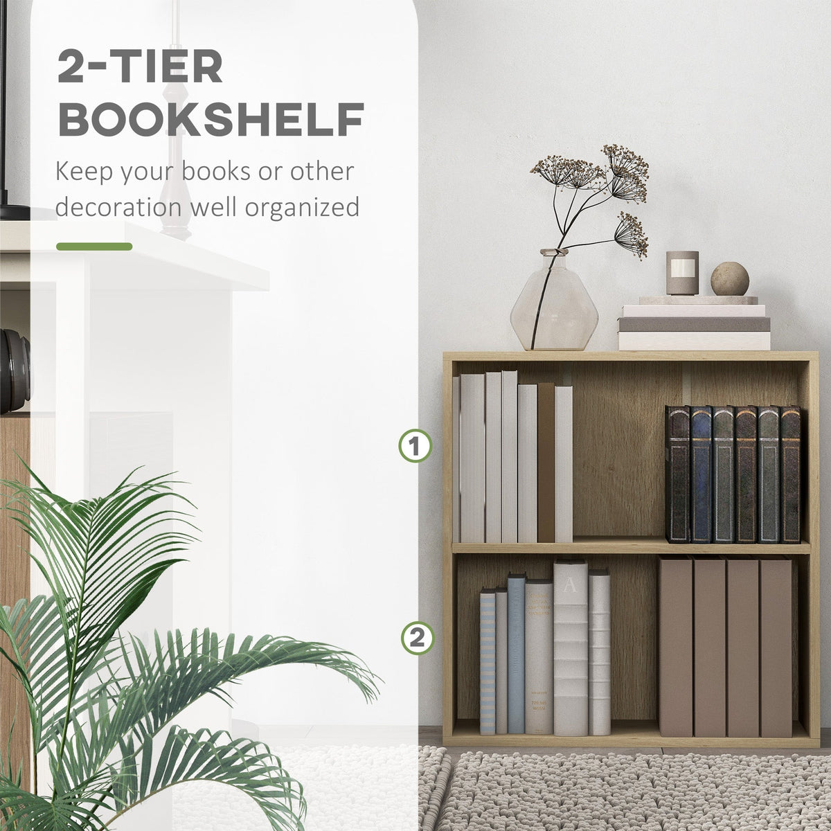 This two tier bookshelf is shown with books on its shelves