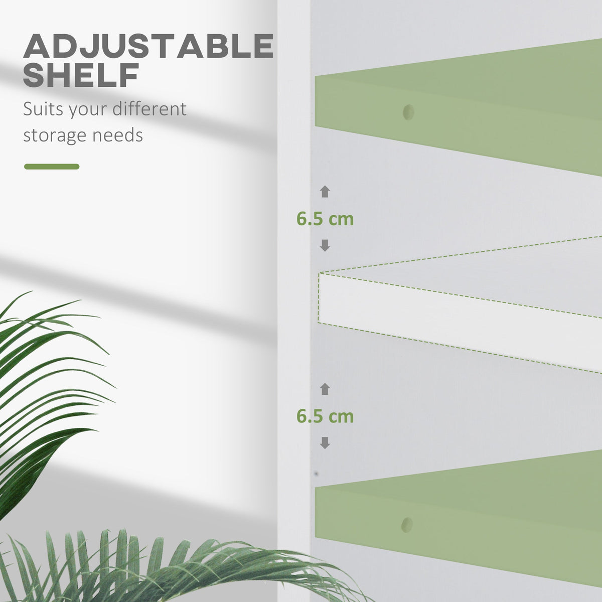 Close up of the white low bookcase interior showing the adjustable shelf position options