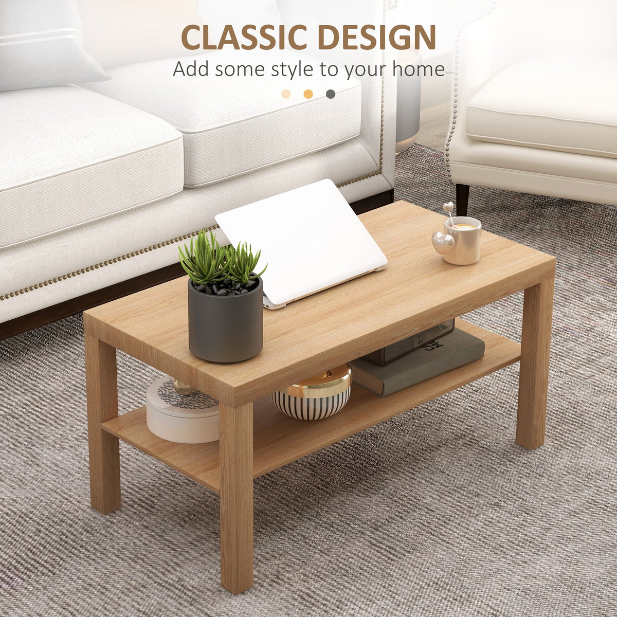 Wooden coffee table with a laptop and plant on top, and books on the shelf below