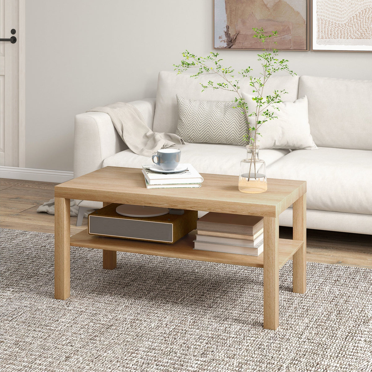 Rectangular coffee table with storage shelf in a living room setting with a sofa and rug