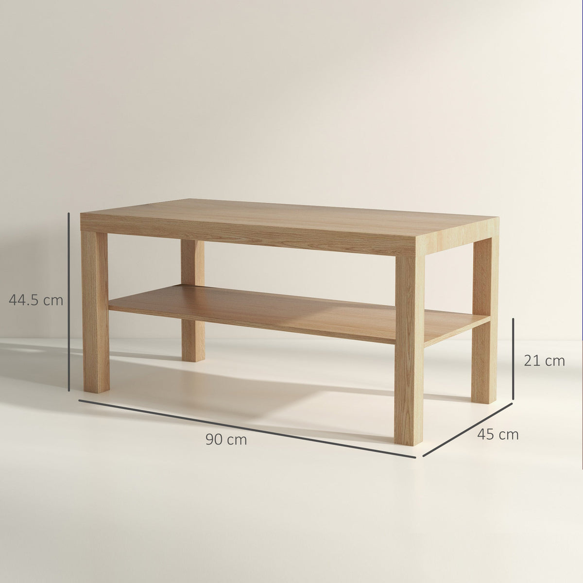 Dimensions of the two-tier coffee table, showing height, width and depth