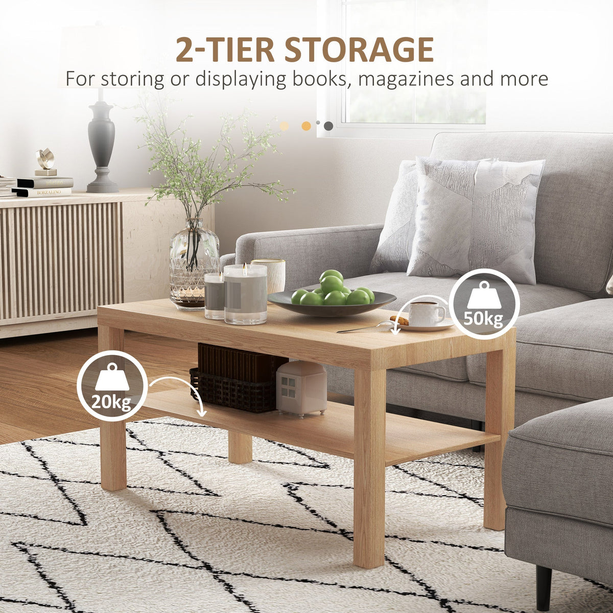 Two-tier coffee table with weight limits indicated for the top and shelf
