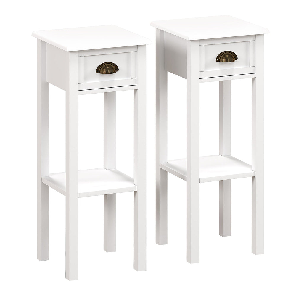 HOMCOM 2-Tier Side Tables Set of 2 with drawer and shelf, white