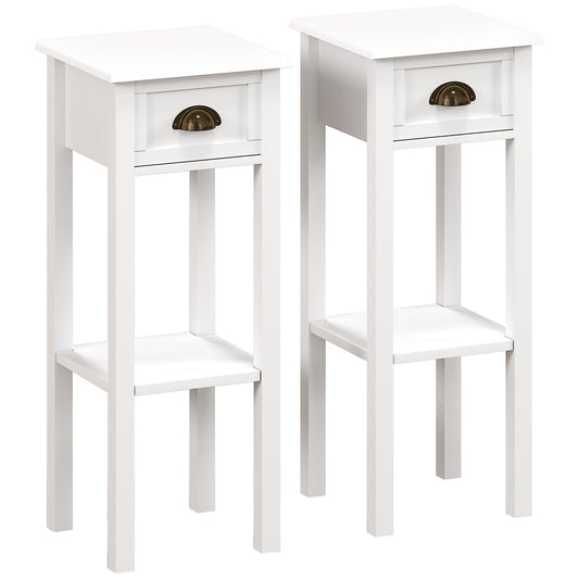 HOMCOM 2-Tier Side Tables Set of 2 with drawer and shelf, white