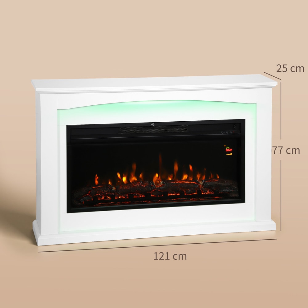 The white electric fireplace shows dimensions with a green light at the top