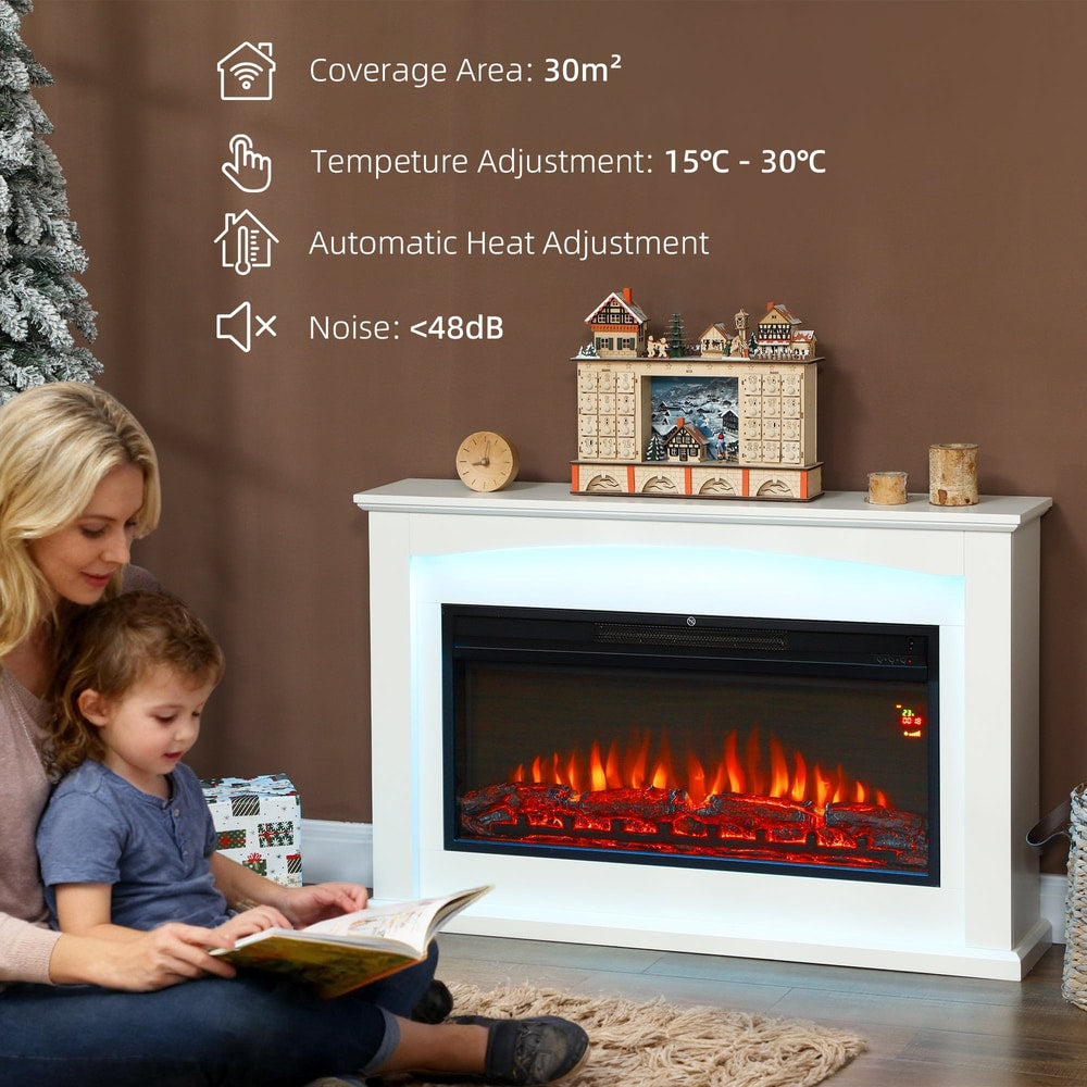 A woman and child reading a book in front of the electric fireplace in a living room