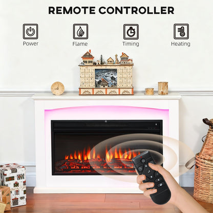 Hand holding a remote control for the electric fireplace, showing power and heating options