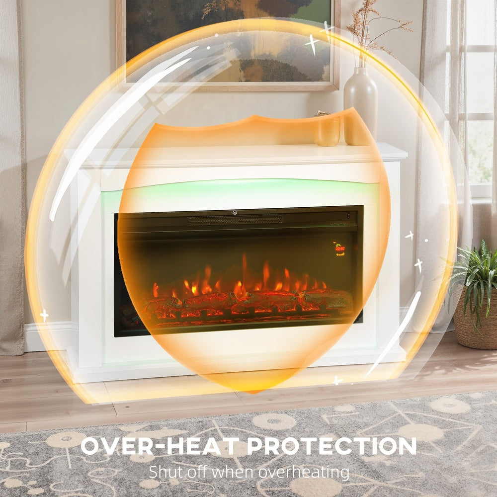 Electric fireplace with a protective bubble graphic indicating overheat protection