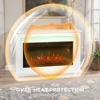 Electric fireplace with a protective bubble graphic indicating overheat protection