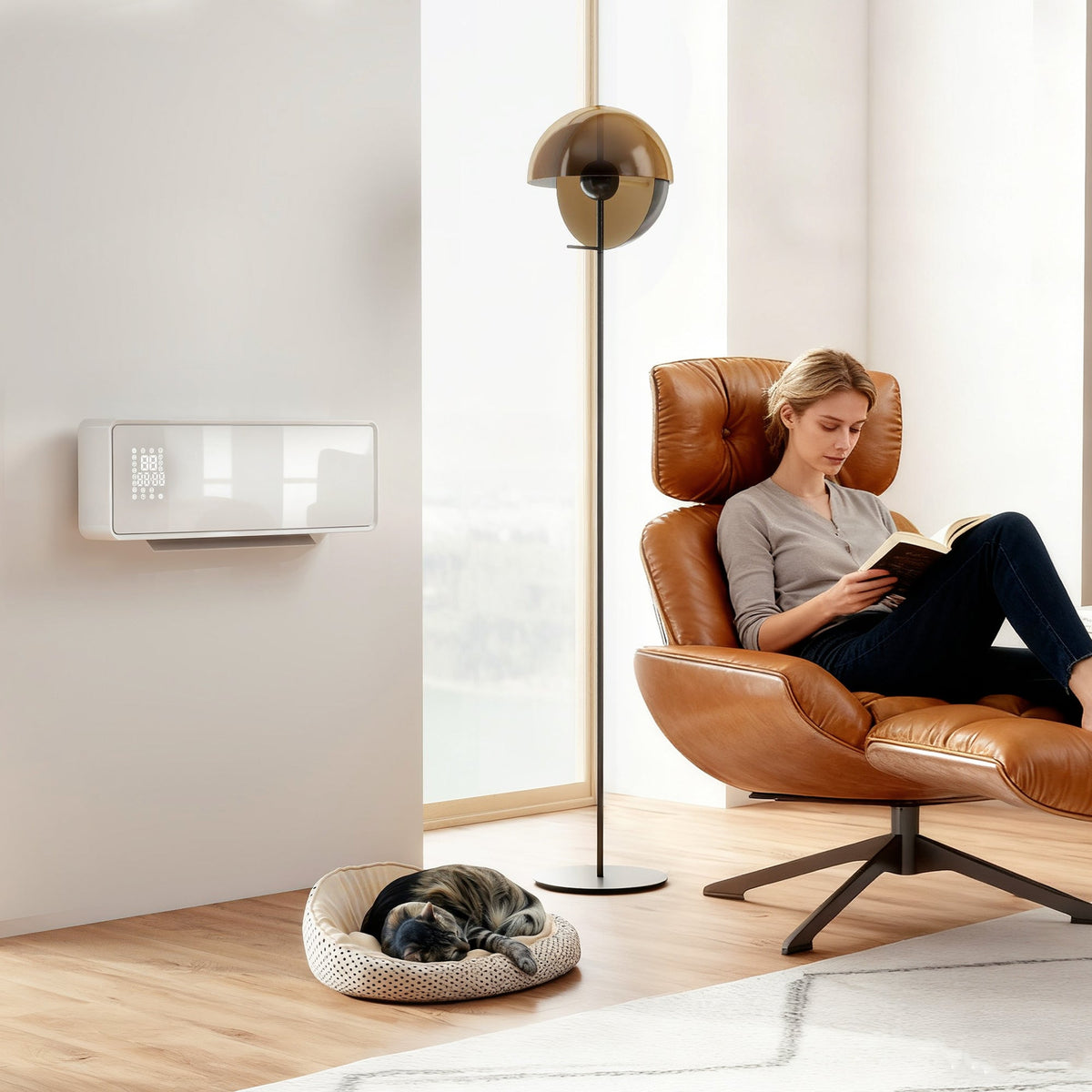 Wall mounted electric heater in a living room with a woman reading and a cat sleeping