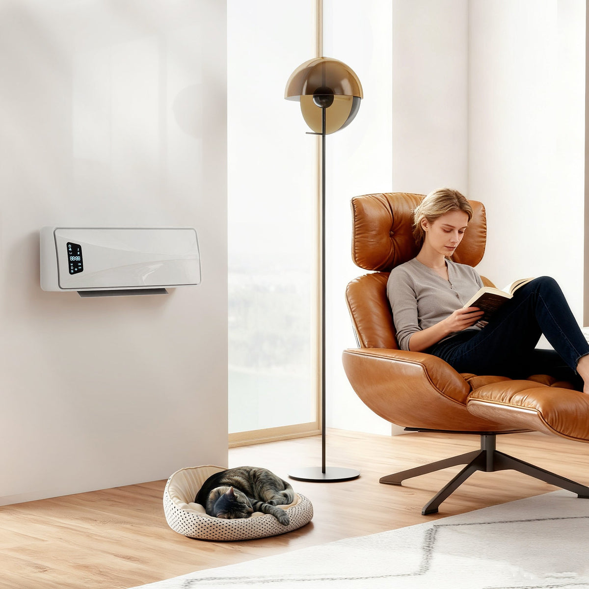 The wall mounted heater installed in a modern living room with a person reading in a chair