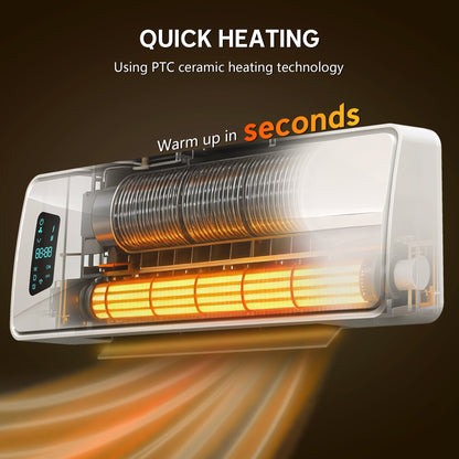 The electric heater with a transparent view showing the glowing internal ceramic heating elements