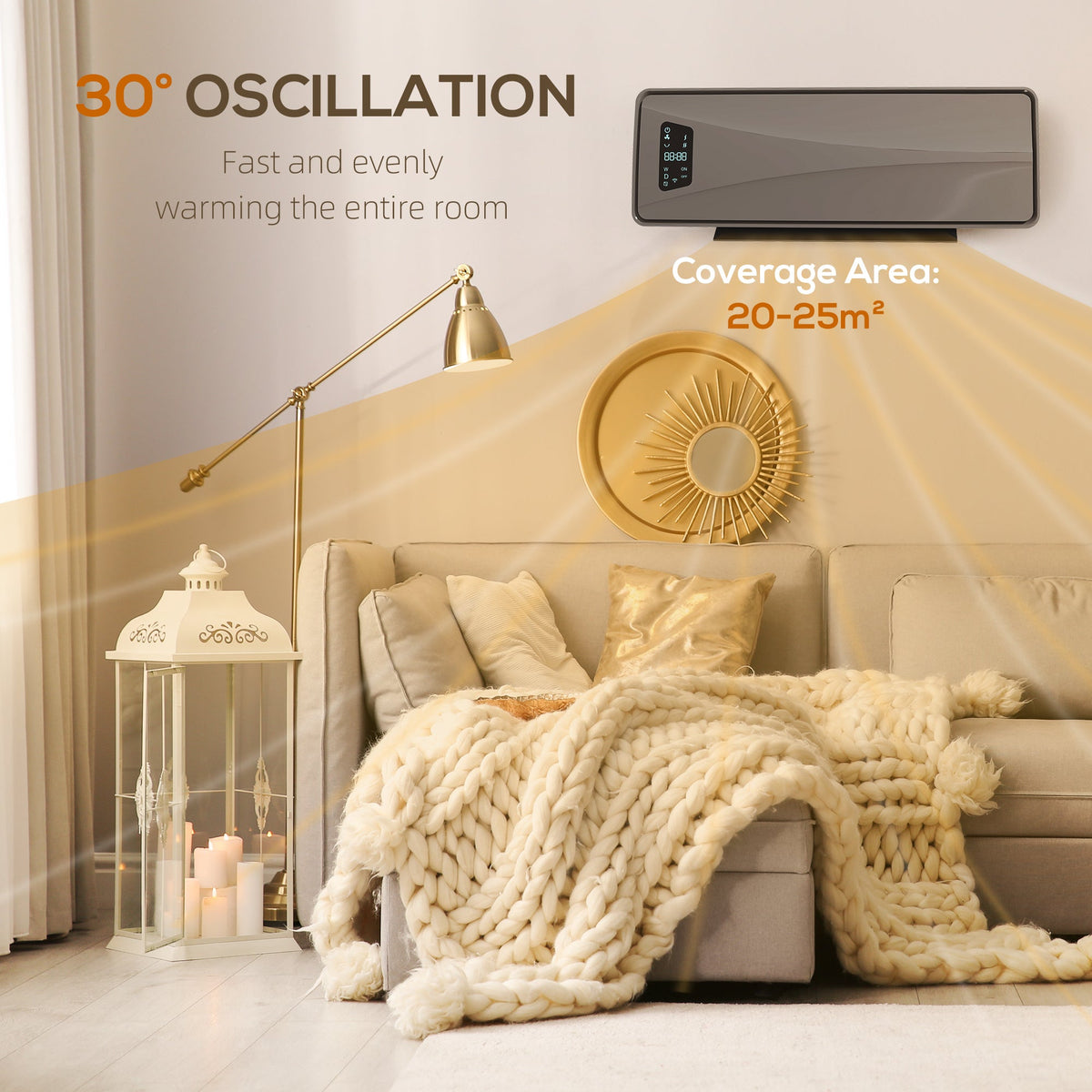 The wall heater in a lounge showing its wide oscillation range and coverage area