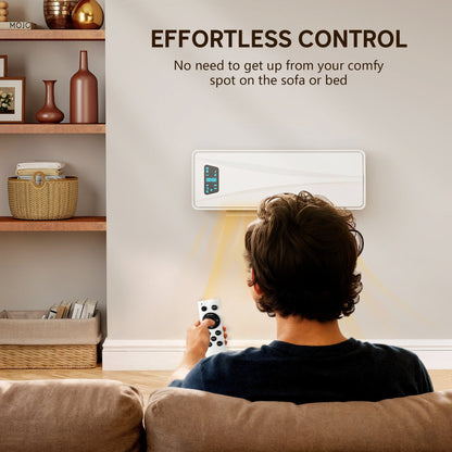 A person sitting on a sofa using the remote control to operate the wall mounted heater