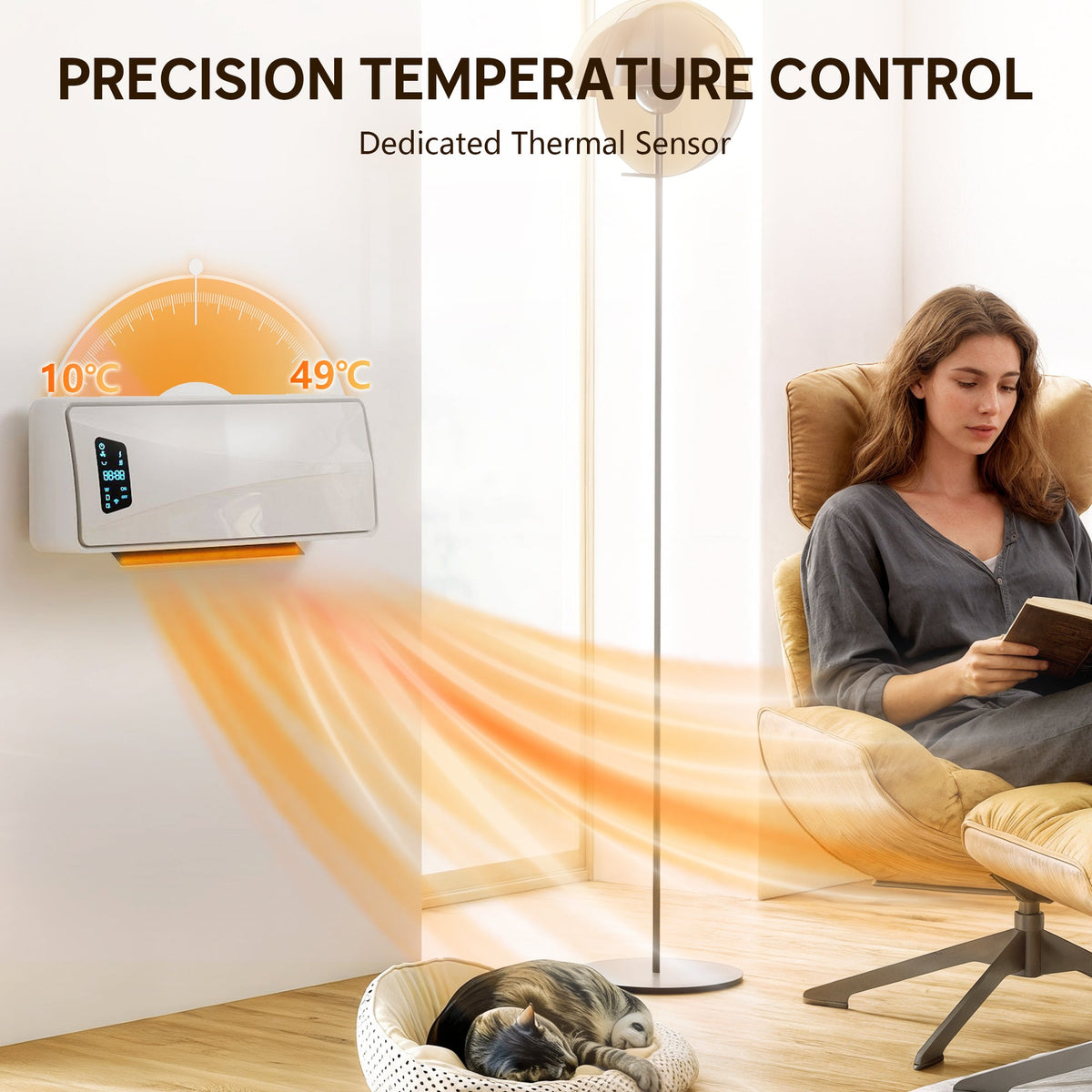 The ceramic heater with a temperature gauge graphic showing the precision control range