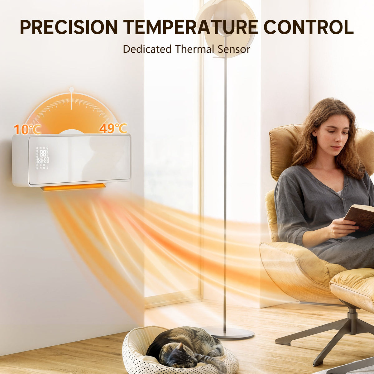 Electric heater with temperature control and a dog sleeping below