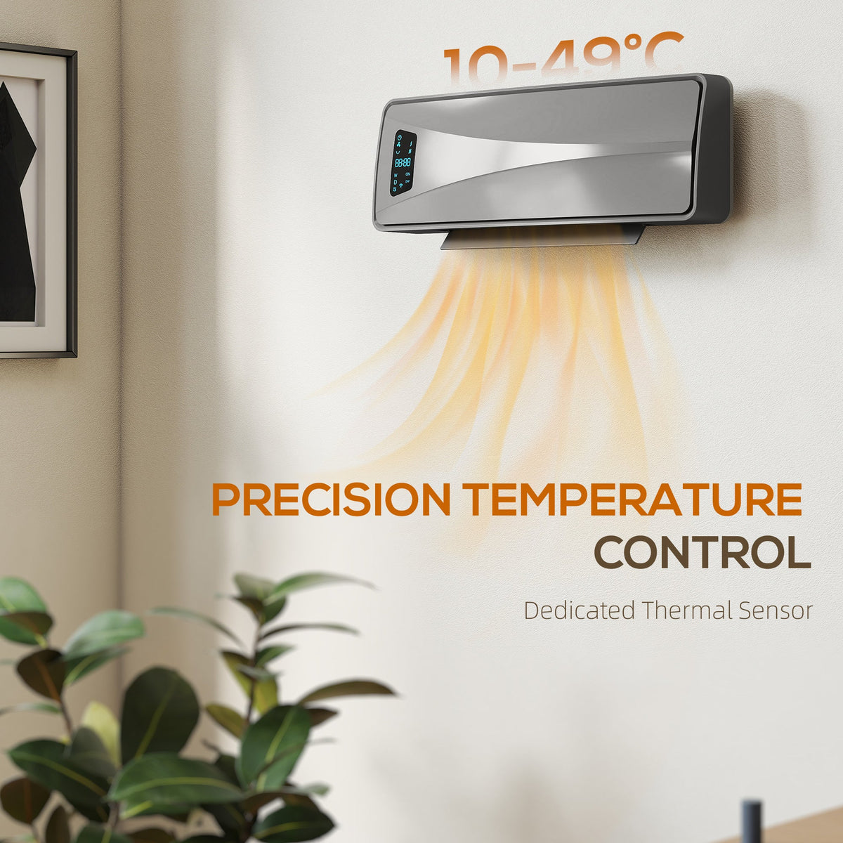 The heating unit mounted on a wall with text explaining its precision temperature control
