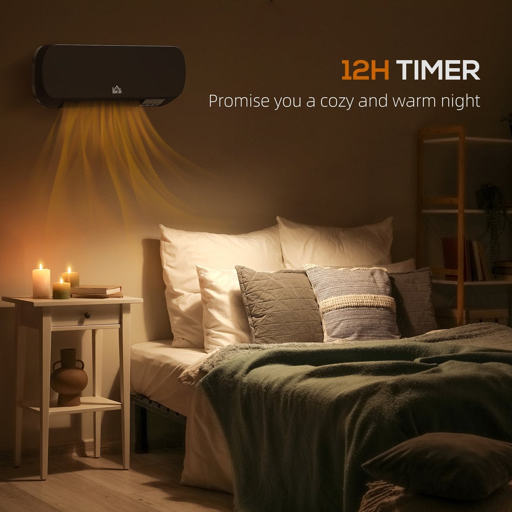 The wall mounted ceramic space heater in a bedroom setting