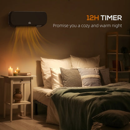The wall mounted ceramic space heater in a bedroom setting