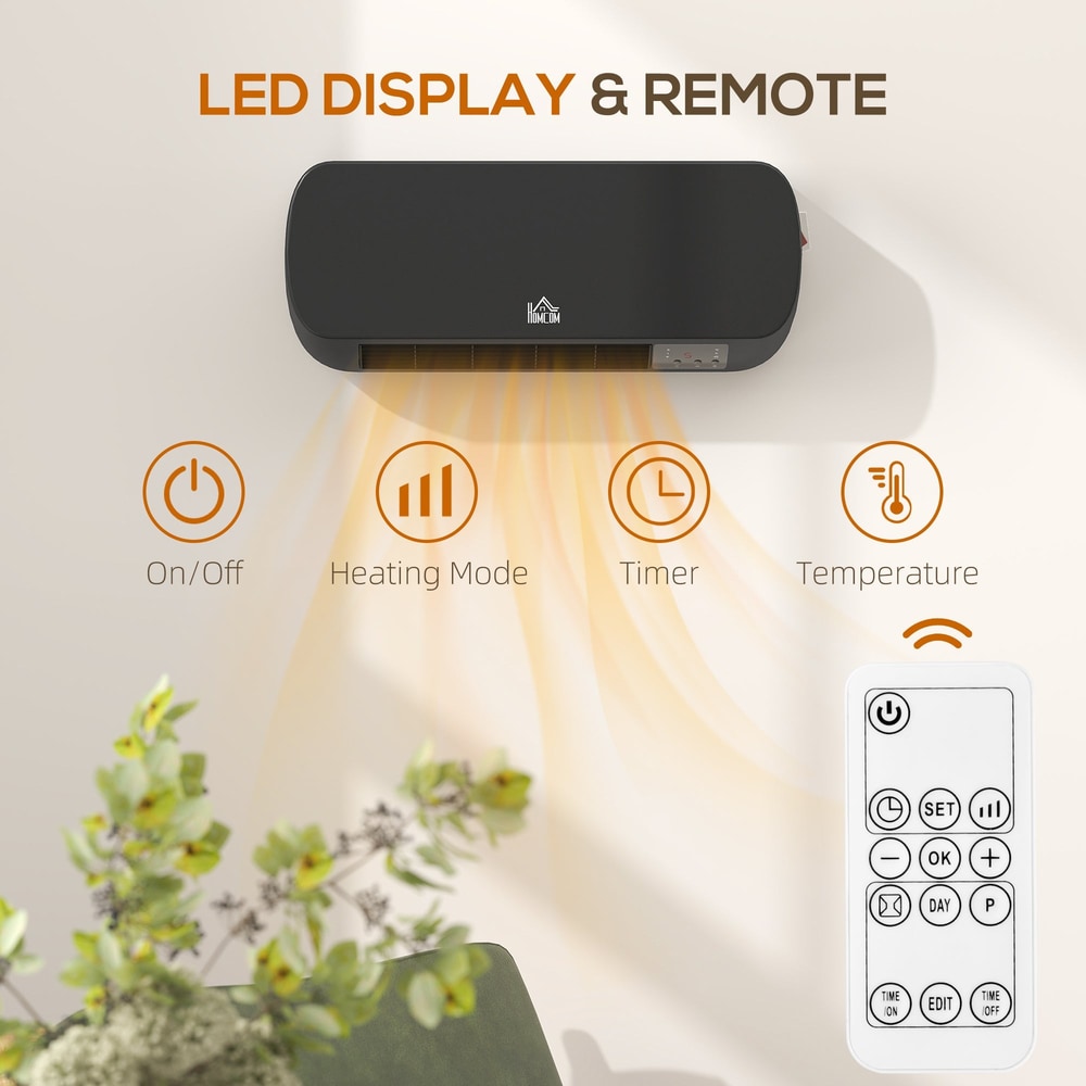 Close up of the wall mounted ceramic space heater showing LED display and remote control functions