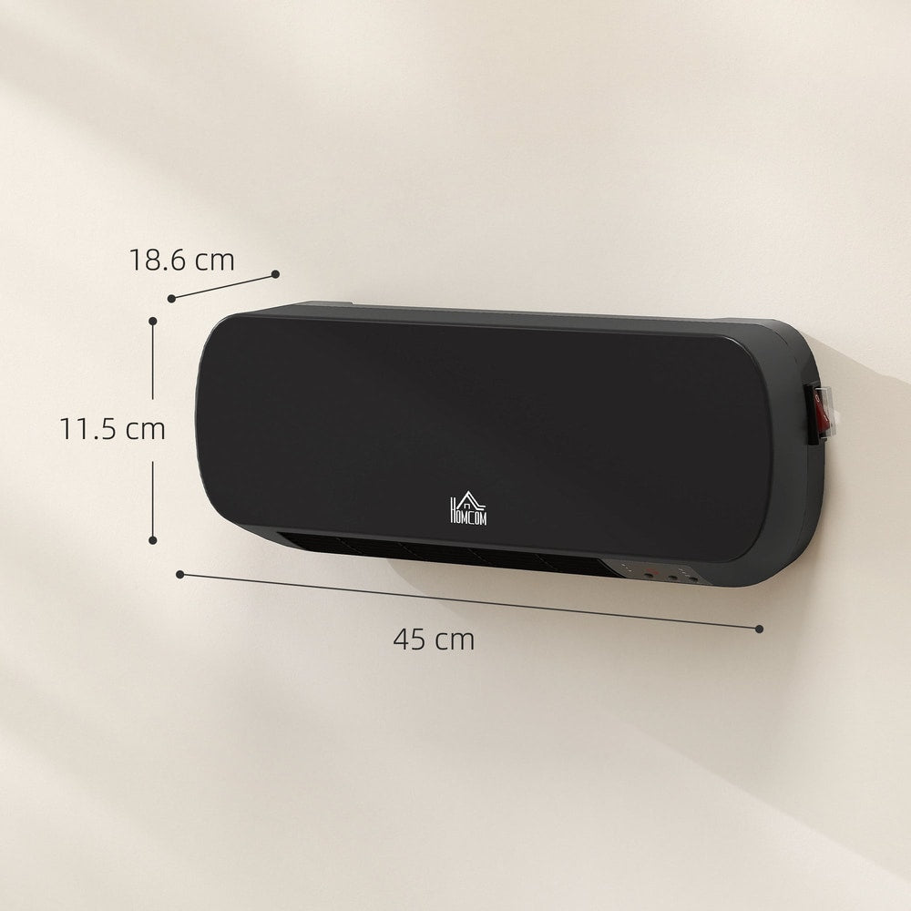 The black wall mounted ceramic space heater with dimensions shown