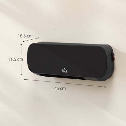 The black wall mounted ceramic space heater with dimensions shown