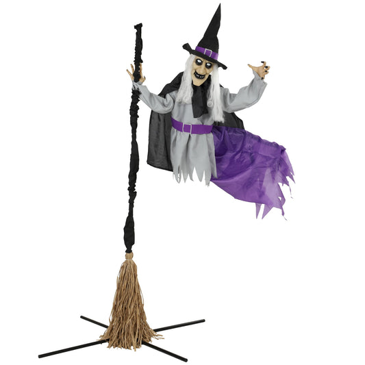 HOMCOM 200cm Life Size Animated Flying Witch Halloween Decorations on a stand with broom
