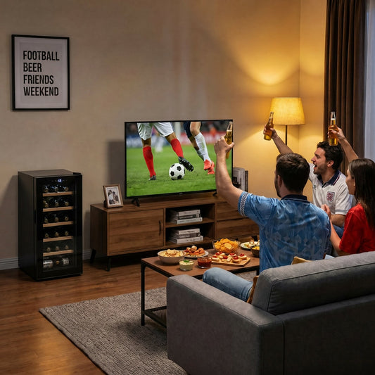 The wine cooler fridge in a living room, next to a sofa where people are watching football