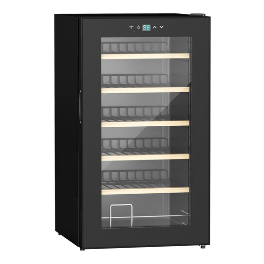 HOMCOM 24 Bottle Wine Fridge, a black freestanding wine cooler with a glass door and wooden shelves