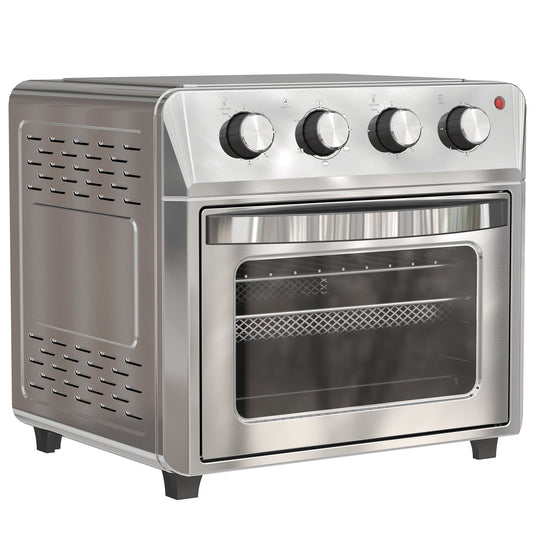 HOMCOM 24L Air Fryer Oven, a silver mini oven with a glass door and four control knobs on top