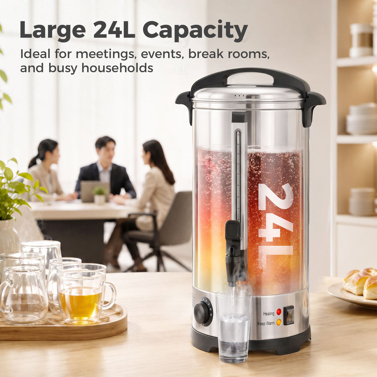 A large 24L capacity catering urn filled with hot water, suitable for events