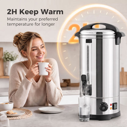 A woman enjoying a hot drink next to the catering urn, highlighting its keep warm function