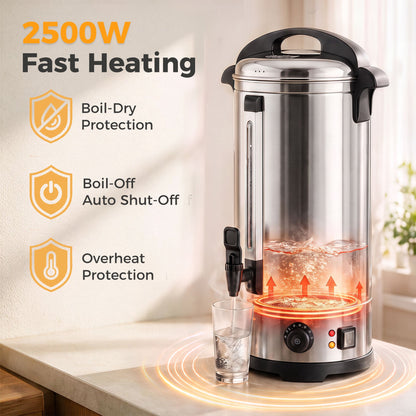 The catering urn showing its heating elements and safety features like boil-dry protection