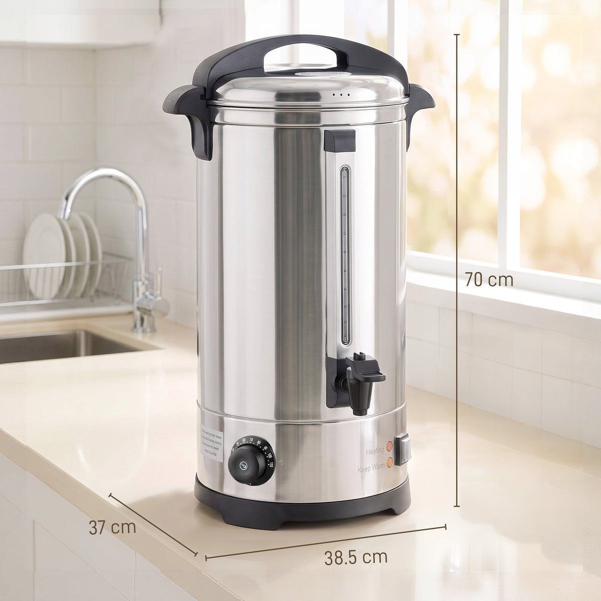 The catering urn with dimensions marked, showing height and width measurements