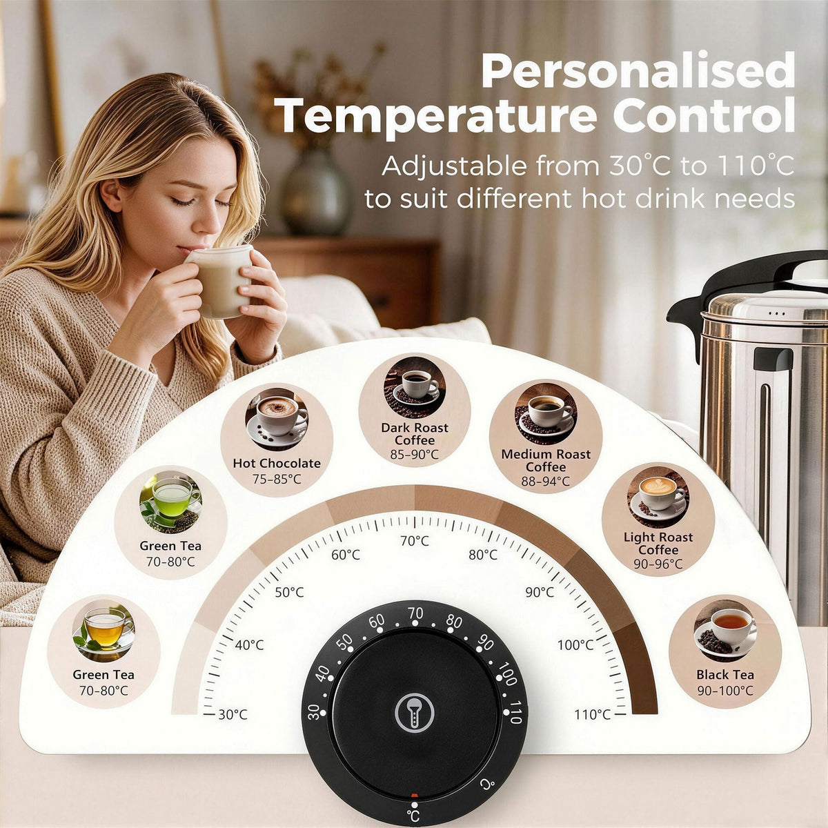 The temperature control dial on the catering urn, showing various drink temperatures