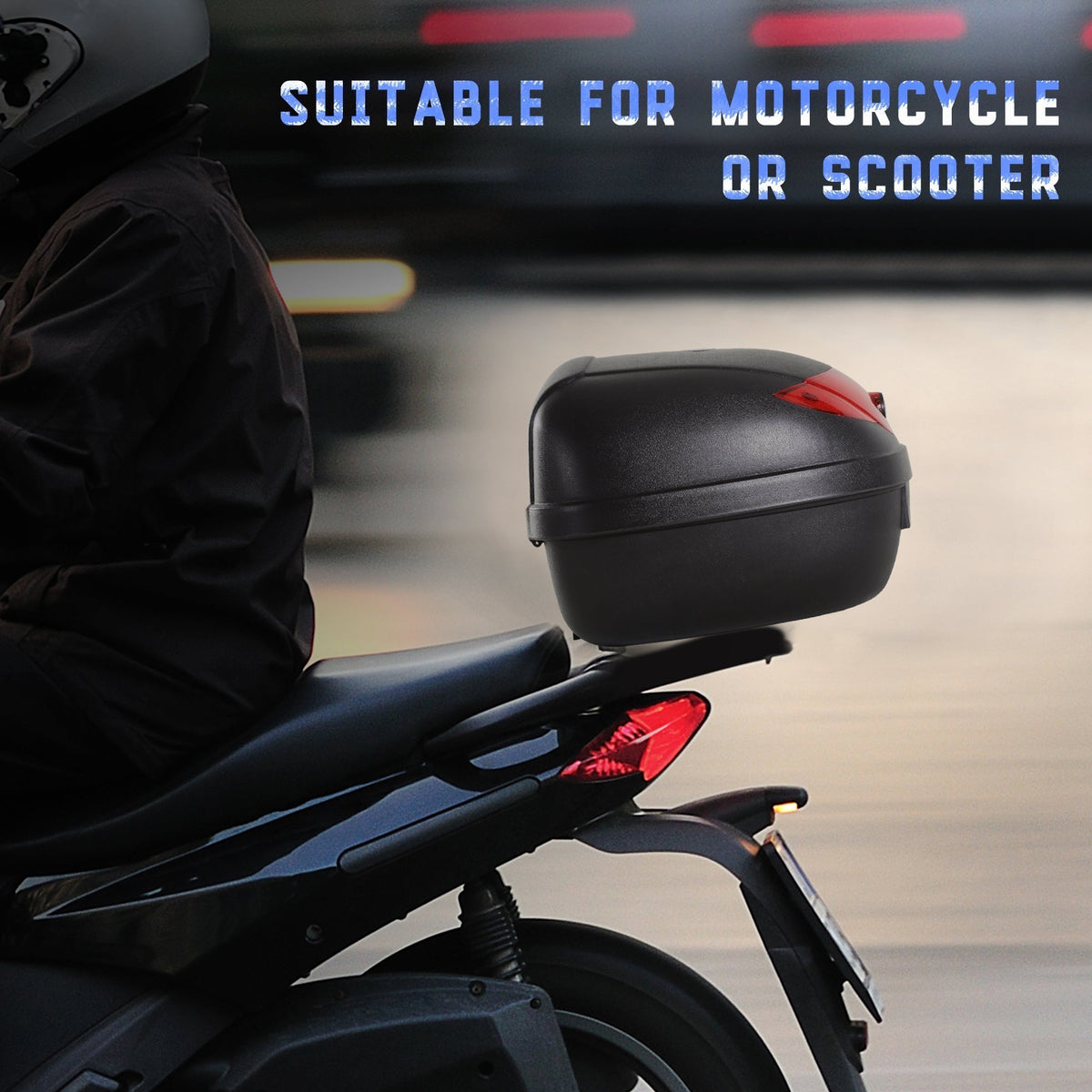 The scooter top box is shown attached to the rear of a motorbike, ready for use