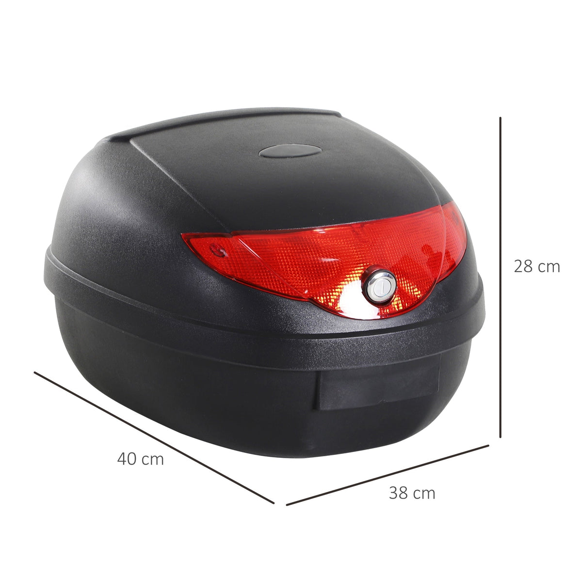 This motorcycle storage box has dimensions shown for width, depth and height