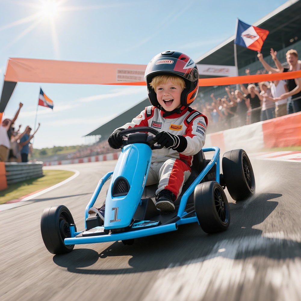 A happy child in racing gear steers the blue electric go kart across a finish line