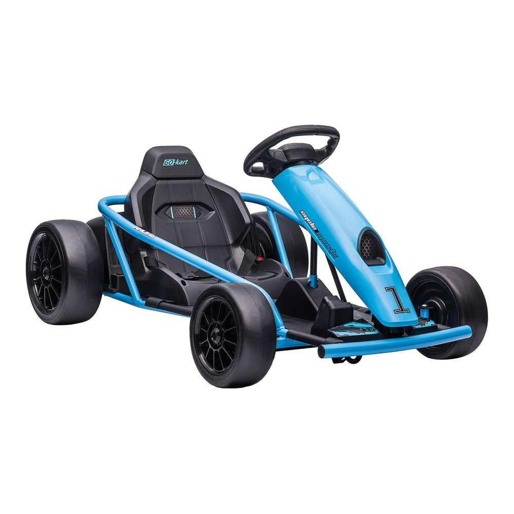 HOMCOM 24V Drift Kart, a blue electric ride-on racing go kart with black wheels and seat