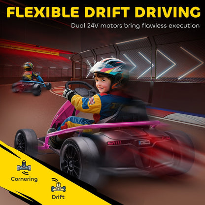The pink ride-on car drifting on a track with motion blur effects and feature icons