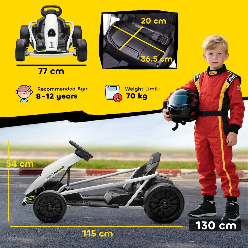Diagram showing the dimensions of the kids electric ride-on car with a boy standing next to it