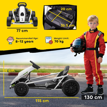 Diagram showing the dimensions of the kids electric ride-on car with a boy standing next to it